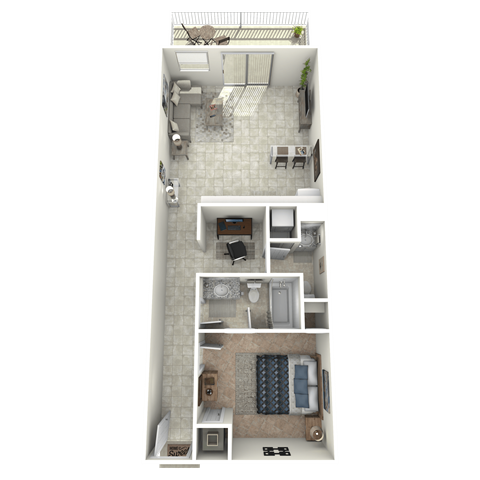 A 3D floor plan of a small apartment with a kitchen, living room, and bedroom.